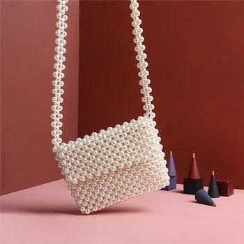 

Vintage Mini Pearls Beaded Woven Bag Handmade Women Handbag New Designer Crossbody-bag Wedding Party Bag with Strap Phone Purse