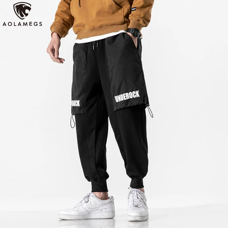 

Aolamegs Pants Men Solid Color Fake 2 Pieces Sweatpants Casual Letter Printing Trousers High Street Spring Fashion Streetwear