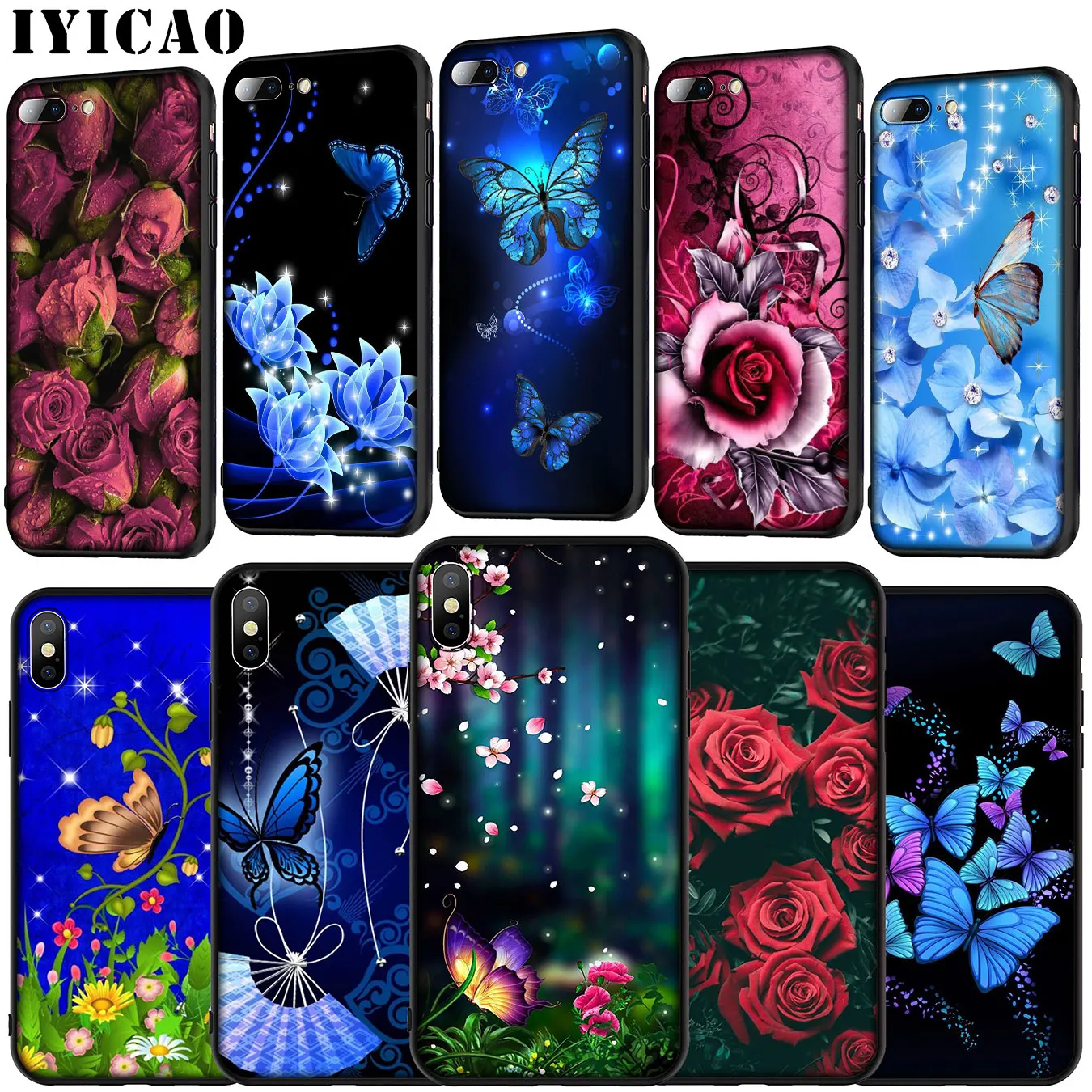 Butterfly Blue flower Luxury rose Soft Silicone Cover Case for iPhone 11 Pro XR X XS Max 6 6S 7 8 Plus 5 5S SE Black Phone |