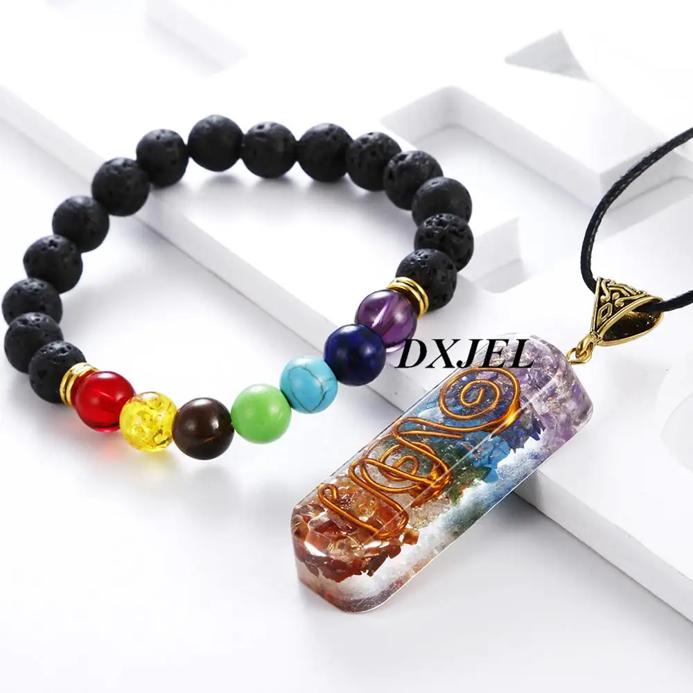 DXJEL 7 Chakra Orgone Energy Healing Pendant with Bracelet Rainbow Crystal Meditation Necklace Resin Jewelry For Women Men Gifts