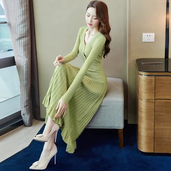 

Sexy V Neck Long Women Knitted Sweater Dress Casual knit Sweater Midi Vestidos Long Sleeve Slim Autumn Winter Basic A-Line Dress