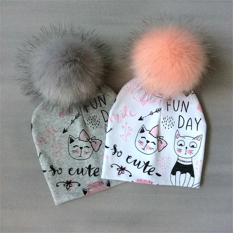 

Baby Girl Hat With Pompon Cartoon Printing Cotton Hat For Girls Children's Autumn Winter Caps Kids Bonnet