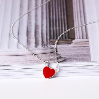 

Tiny Red Heart Necklace Vintage Enamel Heart Charm Pendant Solid Sterling Silver Chain Link Necklace Valentines Gift for Women