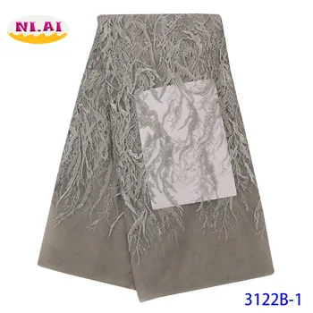 

High Quality African Fabric Handmade Beaded Lace 2020 Hot Sale African Tulle Lace Fabric With Beads Grey Lace Fabric NA3122B-1