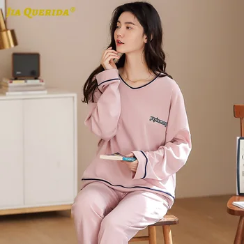 

New Long Sleeve Long Pants Crew Neck Solid Woman Clothes Pajamas for Woman Letter Printing Fashion Style Casual Style Pj Set