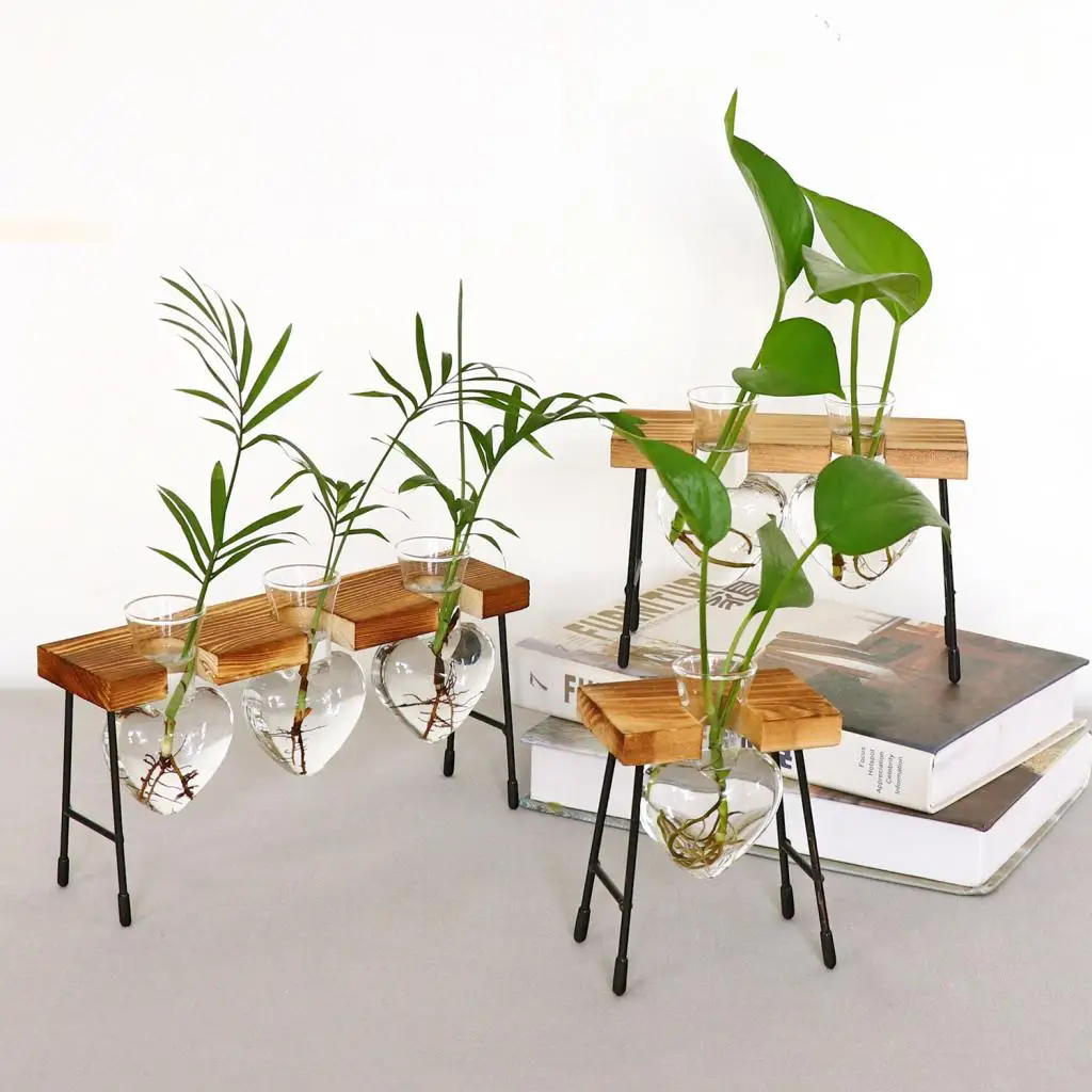 Glass Test Tube Vase In Wooden Stand Flower Pots For Hydroponic Plant-3