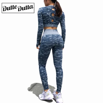 

2 Piece Seamless Gym Clothing Yoga Set Sport Long sleeves Top Camouflage Yoga Out fits For Women Athletic Legging Sportswear