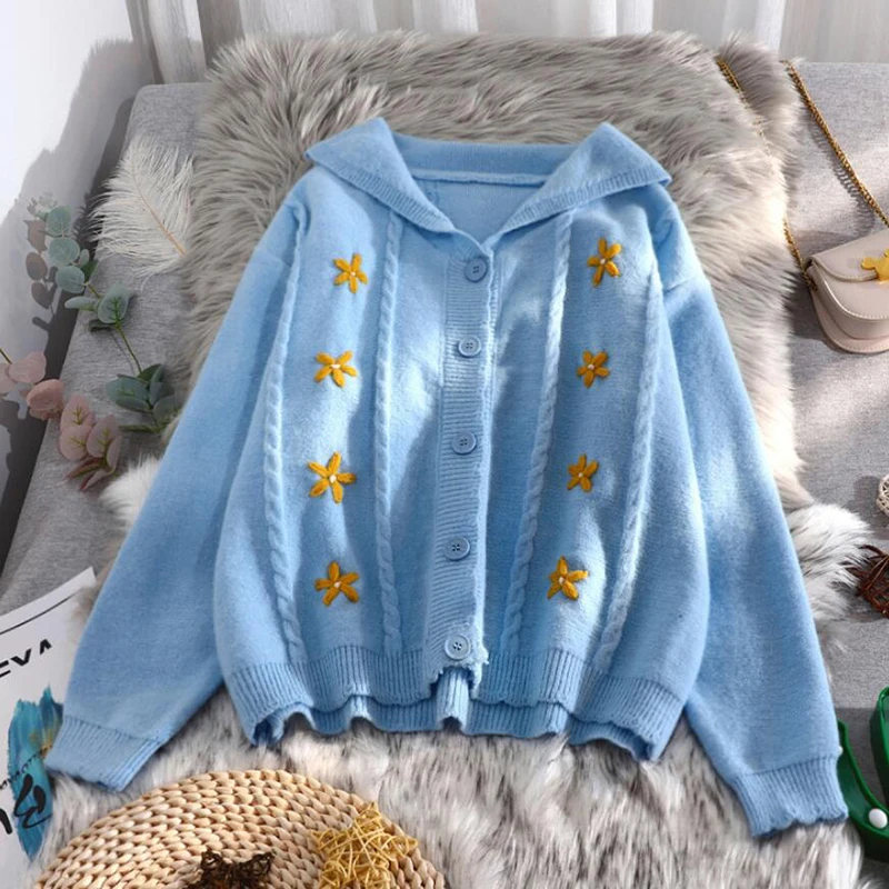 

Women Cardigan 2020 Fashion Floral Embroidered Short Knitted Cardigan Sweater Long Sleeve Loose Female Outerwear Chic Tops
