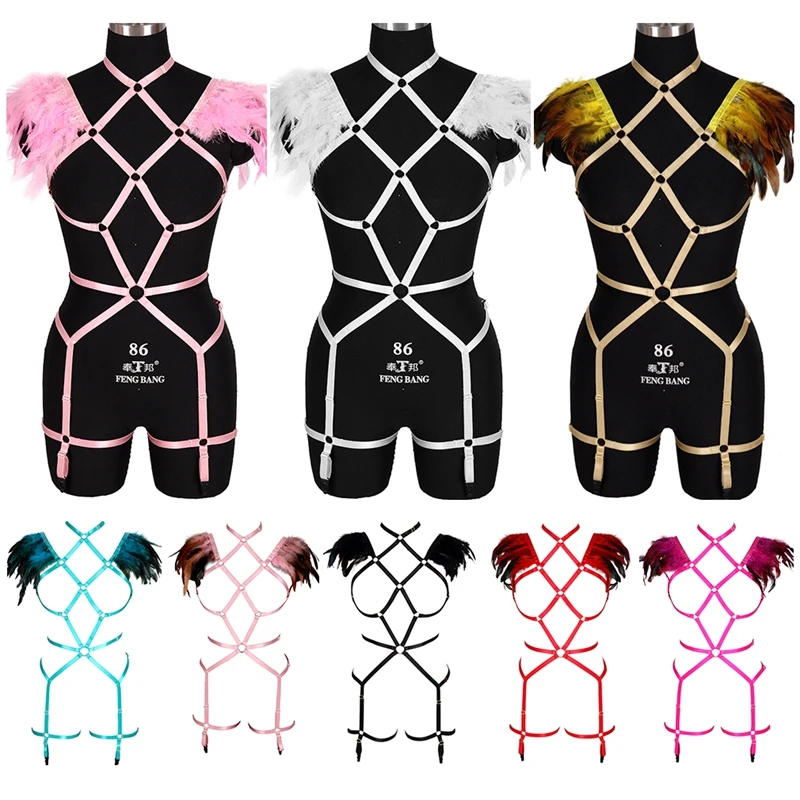 

Goth Style Top Design Body Bondage Feather Garter Set Bra Harness Garters Belts Performance Sexy Lady Matching Set SwordBelt