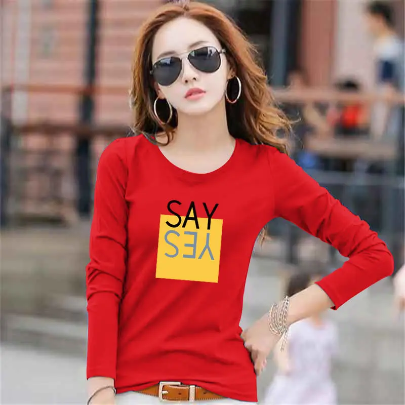 SayYesRed 19FW Повседневная футболка с принтом кокосовой пальмы, женская трикотажная футболка из лайкры с круглым вырезом, женские Топы с длинным рукавом, 12 моделей, большие размеры M-4XL - Цвет: SayYesRed
