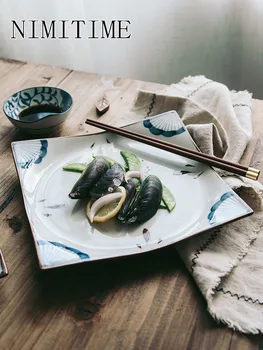 

1PC NIMITME Hand-painted Ceramic Square Household Dish Plate Japanese Style Dessert Plate Salad Steak Dinner Plate Tableware