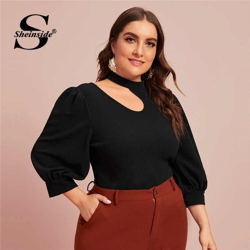 

Sheinside Plus Size Casual Cut Out Shoulder Detail Blouse Women 2020 Spring 3/4 Sleeve Solid Trim Blouses Ladies Black Top