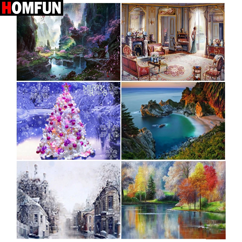 Алмазная живопись HOMFUN домики и горное дерево полное квадратное/Круглое