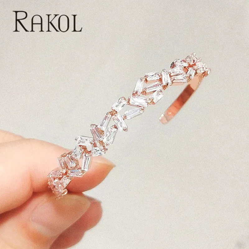 Rose Gold 6 RAKOL модный AAA кубический цирконий мужской женский багет Браслет манжета медная основа с золотым цветом толстые ювелирные изделия RS1138 - Окраска металла: Rose Gold 6