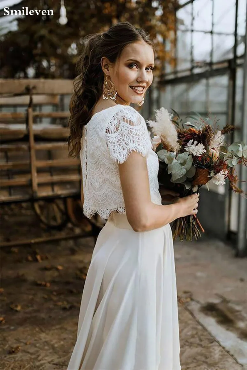 Smileven Boho Свадебные платья 2 шт. Высокая Низкая Кружевная аппликация Свадебные платья с коротким рукавом vestido de noiva