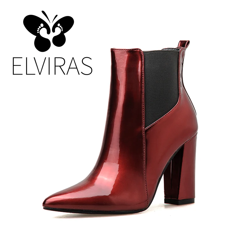

ELVIRAS 2019 Autumn And Winter New Women's Comfortable Patent Leather Ankle Boots Pointed Boots Women's Zipper Wild Boots