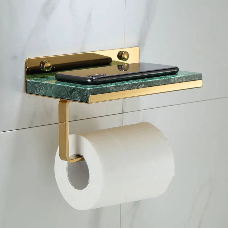 Luxury Double Marble Brushed Brass Toilet Paper Holder With Shelf