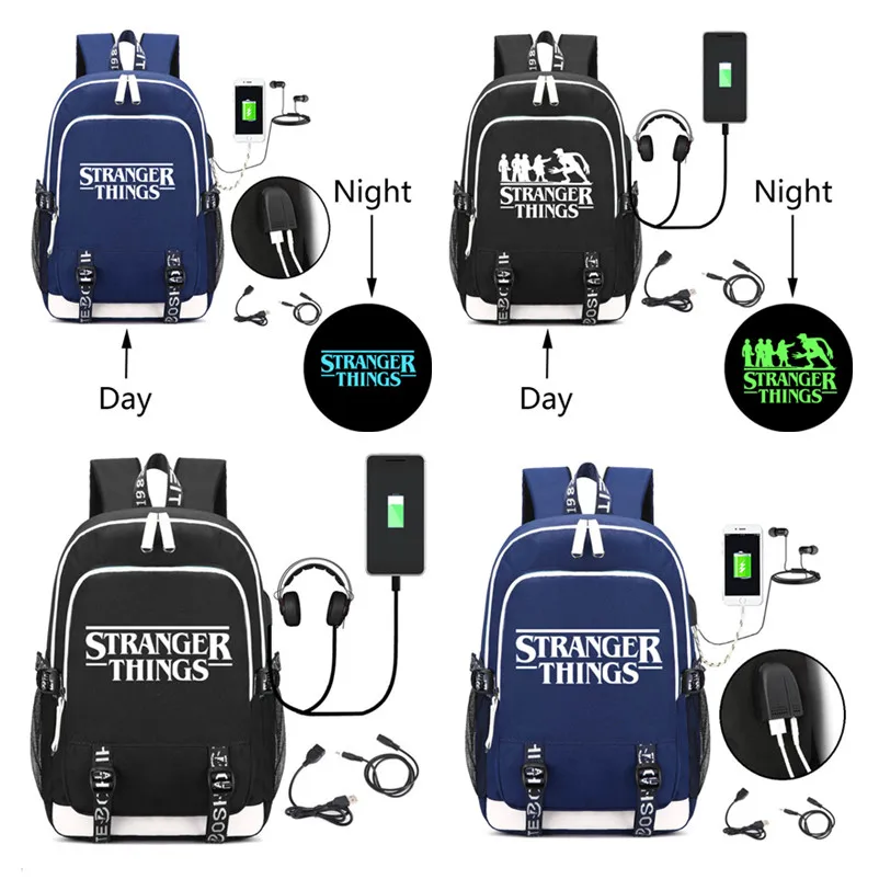 

New Stranger Things 3 Cosplay Prop Backpack Oxford Canvas Teens Student Zipper USB Charging Luminous Knapsack Large Capacity Bag