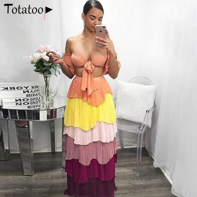 Totatop, богемное длинное платье с бантом, с открытыми плечами, цвета, пэчворк, плиссированное, нарядное платье для женщин,, летнее пляжное шифоновое платье Макси
