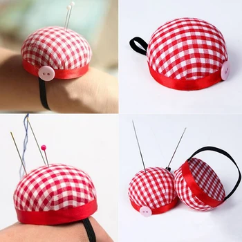 

Red Plaid Grids Needle Sewing Pin Cushion Wrist Strap Tool Button Storage Holder
