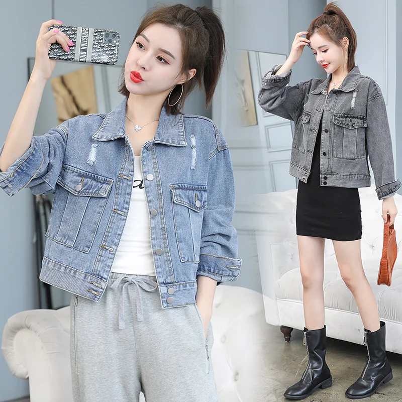 

New Washed Denim Jacket for Women 2020 Autumn Jacket Cotton Vintage Loose Big Pocket Single Breasted Short Denim Jacket Female