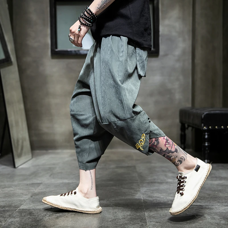 Summer harem pants men calf-length wide leg trousers streetwear casual sweatpants vintage cotton men's pants Chinese style 2