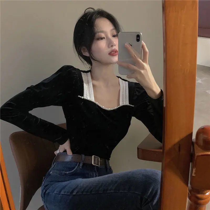 

Женский вязаный свитер, короткий бархатный топ с квадратным вырезом, весна-осень 2021