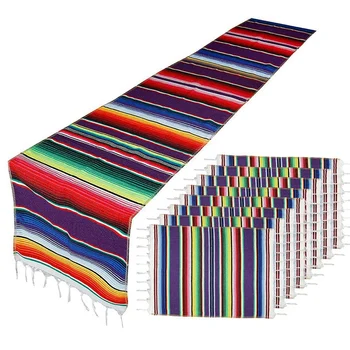 

WSFS Hot Mexican Table Runner with Place Mats,Mexican Assorted Place Mats Mexican Party Wedding Decorations, Fringe Blanket Tabl