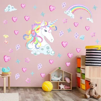 

Cute Unicorn Wall Stickers For Kids Rooms Girls Bedroom Decor DIY Poster Cartoon Animal Wallpaper Stickers On The Wall