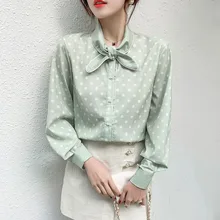 

2021 Autumn New Small Polka Dot Chiffon Blouse Woman Bow Neck Long Sleeve Slim Vintage Elegante Shirts Blusas Mujer Ladies Tops