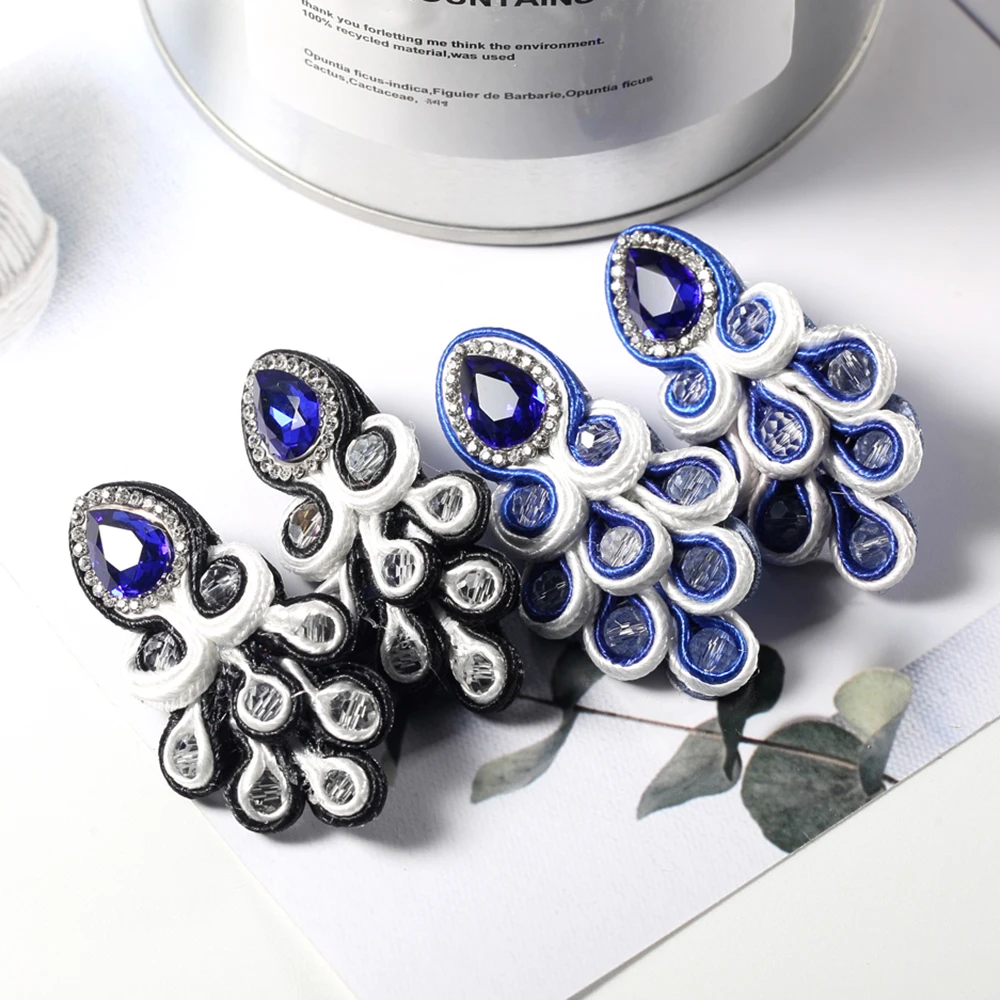 Handmade Soutache Drop earrings weaving blue black and white Rhinestone decoration women's jewelry beautiful earring Design new 2