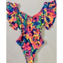 Сексуальный красный цельный купальник с оборками и глубоким v-образным вырезом, Женский Одноцветный купальник с открытой спиной, купальный костюм, черный купальник с открытой спиной