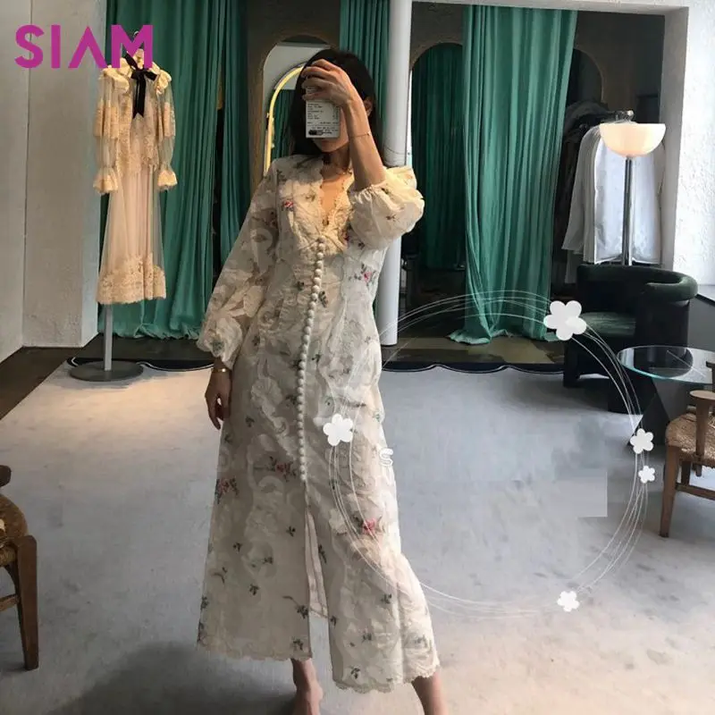 SIAM осеннее женское белое платье, высокое качество, дизайнерское платье, женское платье с рукавом-фонариком, Цветочная вышивка, длинные платья макси, одежда