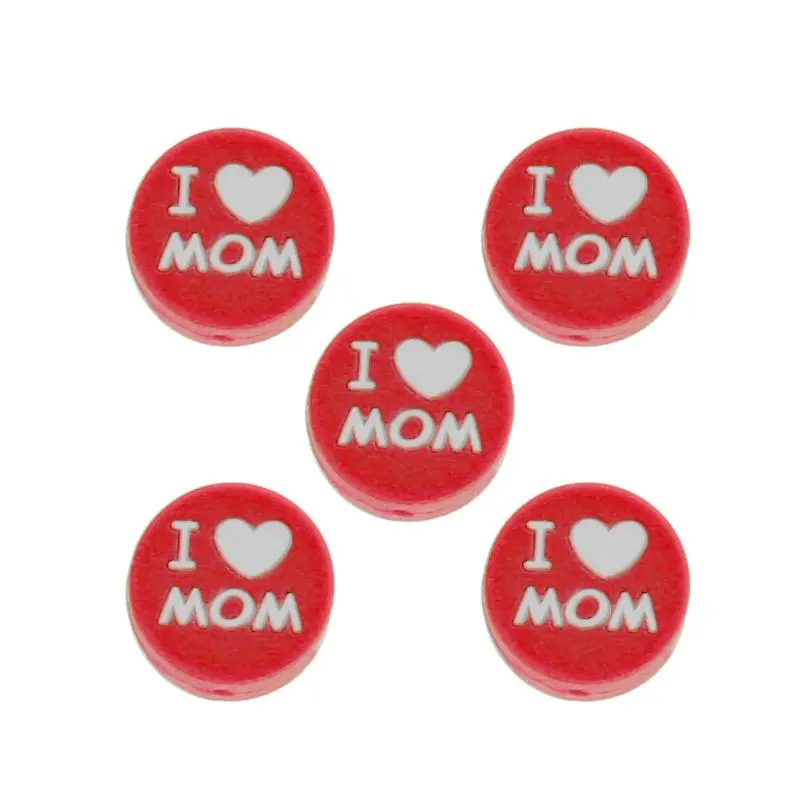 MOM Red 5 шт./лот Детские Силиконовые Бусины Прорезыватель игрушка для младенцев I Love Mom»(«Я люблю маму») и папы с принтом буква Прорезыватель бусины Еда Класс Силиконовые Прорезыватели сделанные своими руками кулон - Цвет: MOM Red