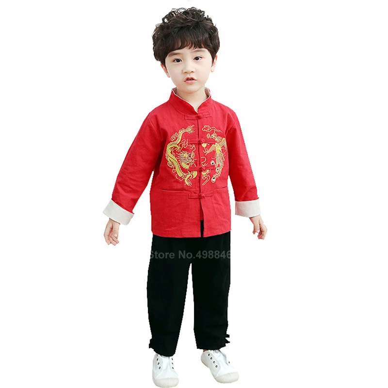 Китайские Топы; Детский костюм в стиле Танг; Новогодняя одежда для маленьких мальчиков и девочек с изображением дракона Emboridey Hanfu; рубашка; традиционная одежда; мужские вечерние куртки - Цвет: TangSuit