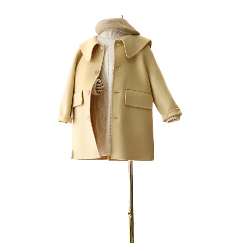 Зимние Модные Длинные шерстяные куртки с отложным воротником для девочек