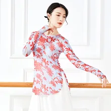 Women T Shirt Dance Tops Mesh Ballet Long Tops Floral Lyrical Dancewear Ballerina Long Sleeve Overall Belly Clothes Sportswear