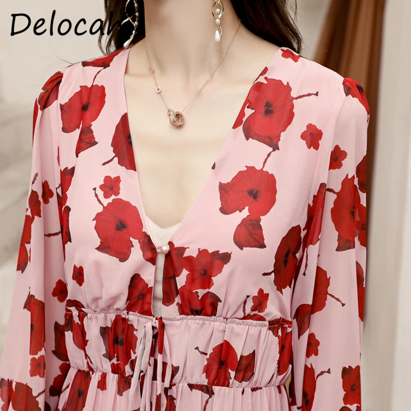Delocah Women Autumn Dress Runway Fashion Sexy Deep V-neck Floral Print Back Zipper High Waist Elegant Casual Holiday Long Dress