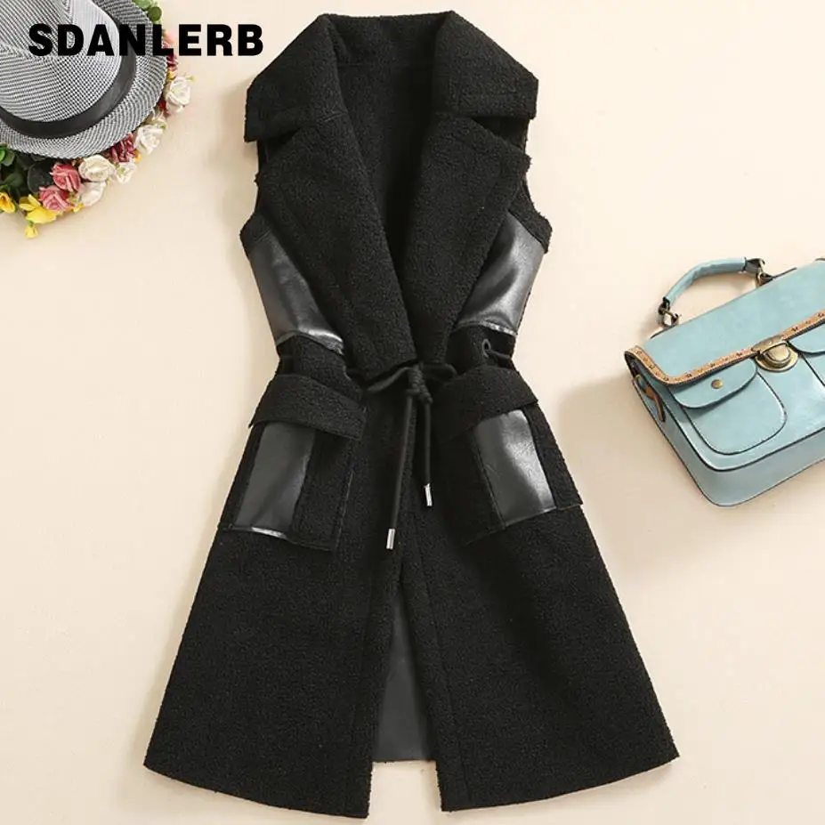 

2019 Winter Black Leather Vest Faux Fur Jacket Sleeveless Women Warmer Long Style Waistcoat With Fur Pockets