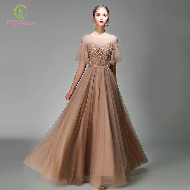 SSYFashion/Новинка; благородное вечернее платье цвета шампанского с блестками и бисером; трапециевидные банкеты; Элегантное Длинное торжественное платье на выпускной; Vestidos De Noche