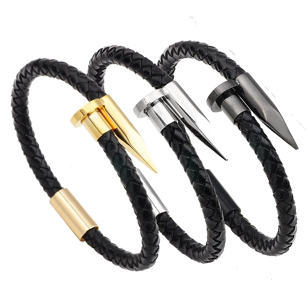 Браслет для ногтей из нержавеющей стали, плетеный из воловьей кожи и нержавеющей стали