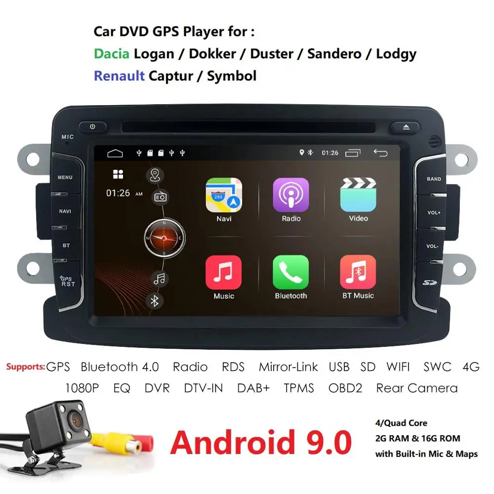 Android 9,0 2 Din четырехъядерный автомобильный DVD навигационный плеер для Dacia/Sandero/Duster/Renault/Captur/Lada/Xray 2/Logan 2 GSP ram 2G