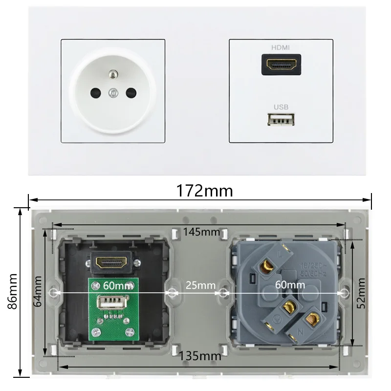 Настенная розетка для телевизора с разъемом HDMI HD USB, стандартная настенная розетка FR, настенная розетка, пластиковая панель, электрическая розетка розетки,socket
