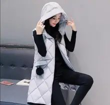

Winter and Autumn Sleeveless Cotton Jacket Plus Size Women's Hooded Long Vest Jacket Fur Ball Solid Color Vest