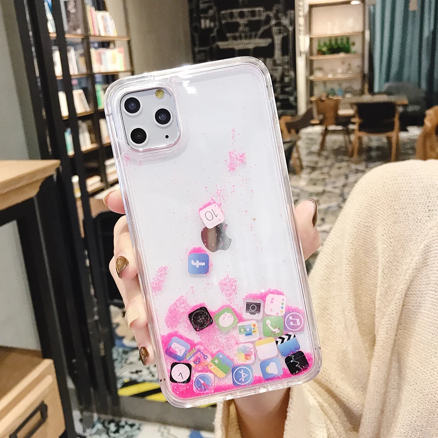 Pink Противоударный чехол с динамическим зыбучим песком для iPhone 11 Pro X XR XS MAX, значок приложения, блестящий силиконовый Жесткий Чехол для iPhone 7 8 6s Plus, чехол - Цвет: Pink