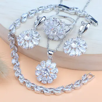 

925 Sterling Silver Jewelry Sets Whtie Zircon Stones Earrings For Women Wedding Jewelry Charms Bracelet Rings Necklace Set