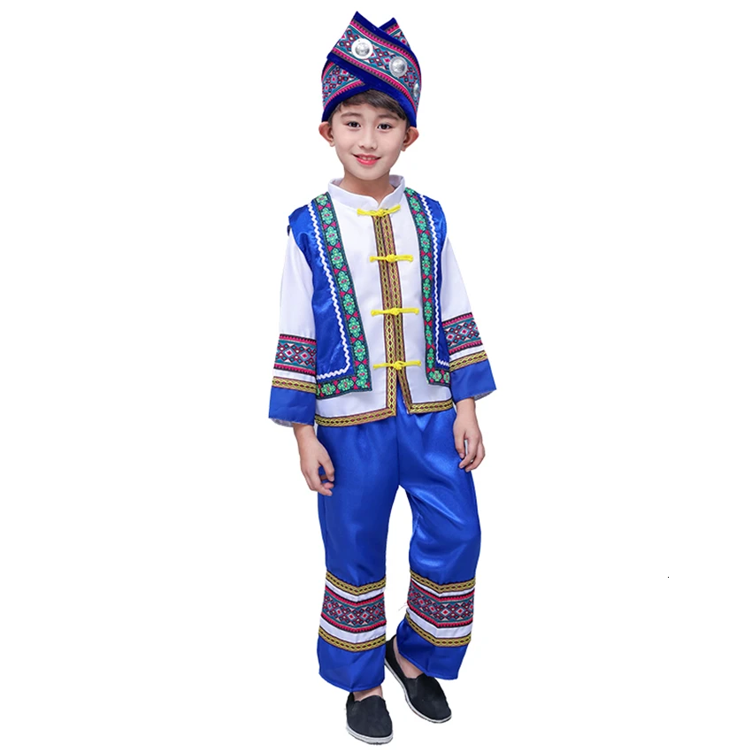 Детский Древний китайский Hmong костюм Мяо народный праздник для сцены Waer мальчики печати народный костюм ханьфу комплект одежды