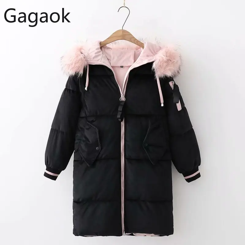 Gagaok женские милые теплые модные парки зимние Новые однотонные с капюшоном на молнии карманы меховой воротник свободные повседневные женские корейские пальто Топы