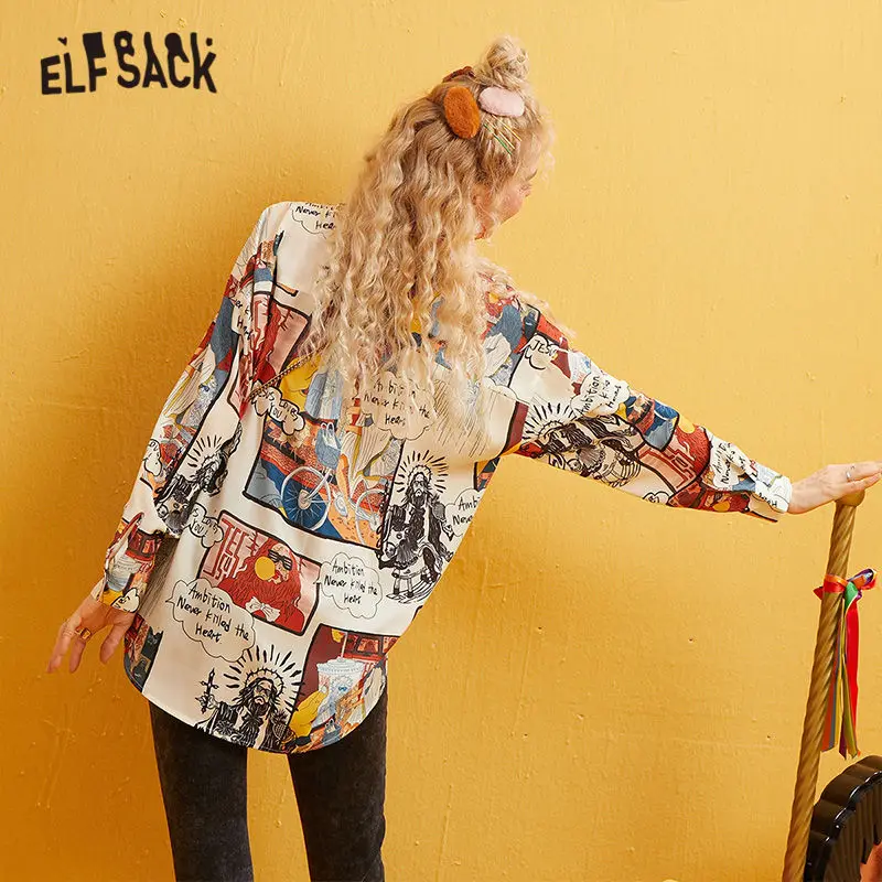 ELFSACK, абрикосовый принт с Иисусом, высокая низкая шифоновая блузка, рубашка для женщин, зима, корейский стиль, одна пуговица, длинный рукав, Женский Базовый Топ