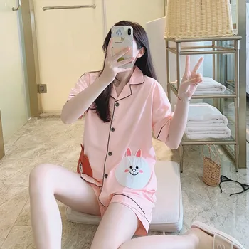 

2020 Summer Short Sleeve Silk Satin Shorts Pajamas Sets for Women Cute Cartoon Sleepwear Suit Homewear Pijama Mujer Home Clothes
